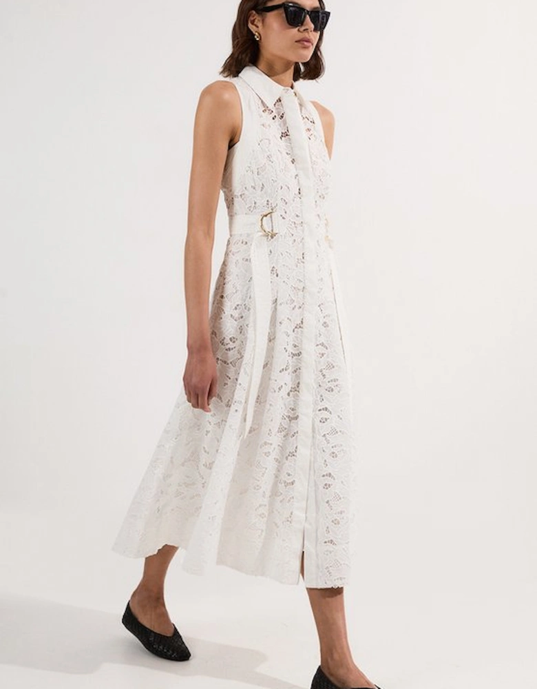 Cutwork Topstitch Halter Woven Midi Dress With Gold D Ring Detail