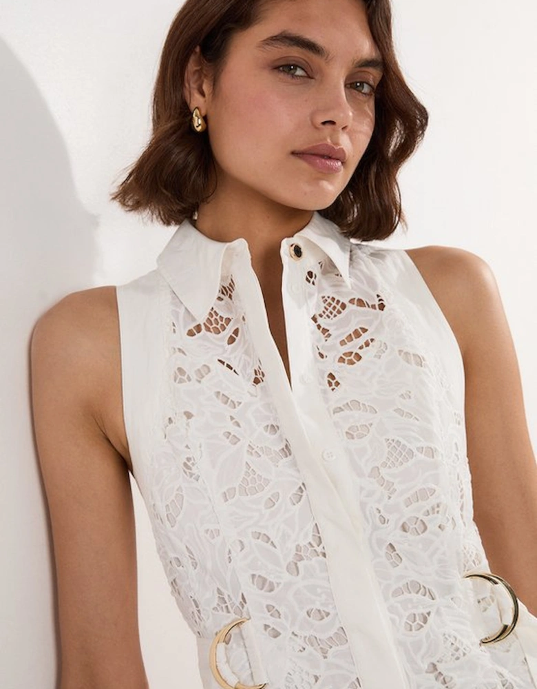 Cutwork Topstitch Halter Woven Midi Dress With Gold D Ring Detail