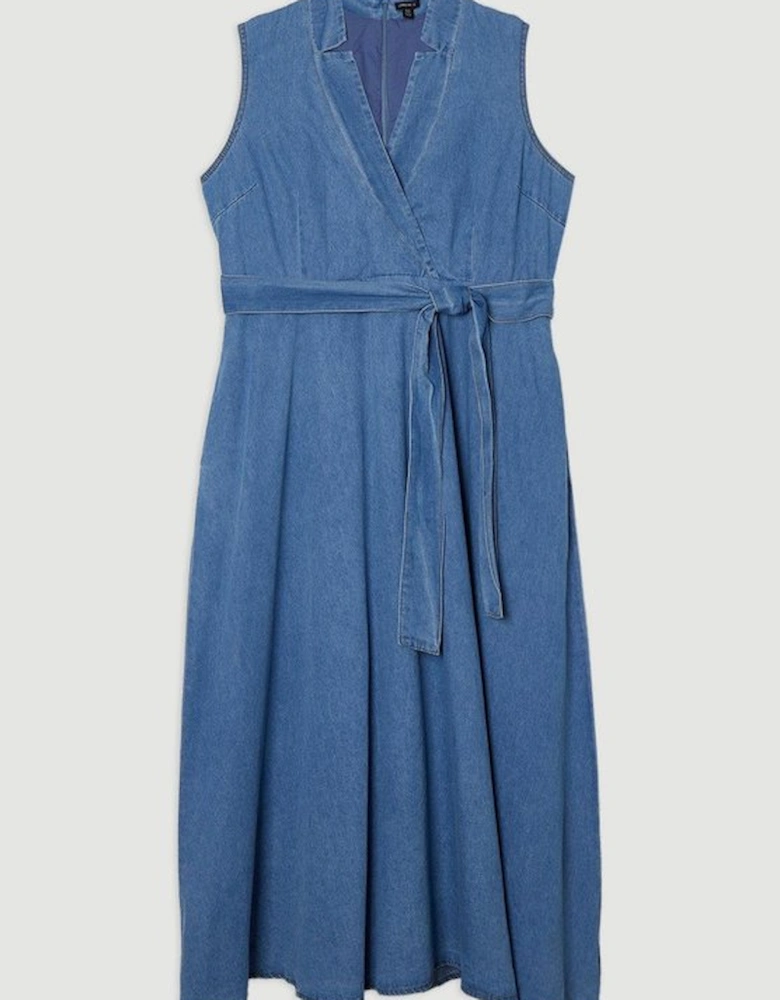 Plus Size Denim Tailored Notch Neck Belted Fluid Midi Dress