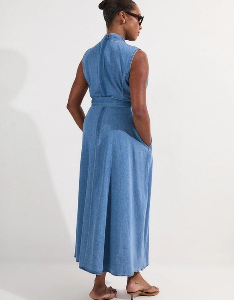 Plus Size Denim Tailored Notch Neck Belted Fluid Midi Dress