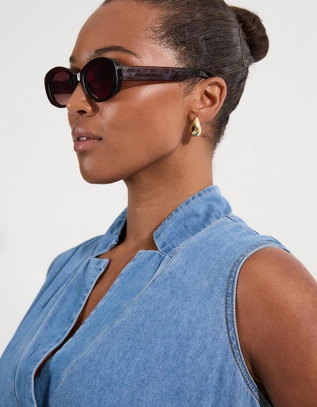 Plus Size Denim Tailored Notch Neck Belted Fluid Midi Dress