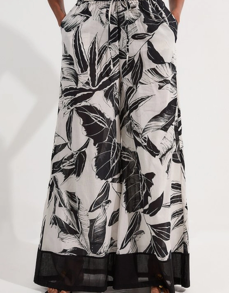 Palm Border Print Cotton Voile Beach Trousers
