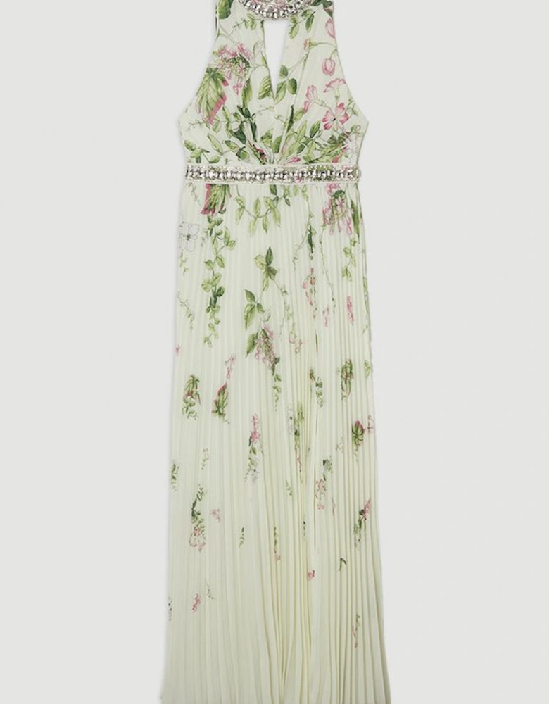 Floral Halter Diamante Enamel Trim Woven Pleated Split Maxi Dress