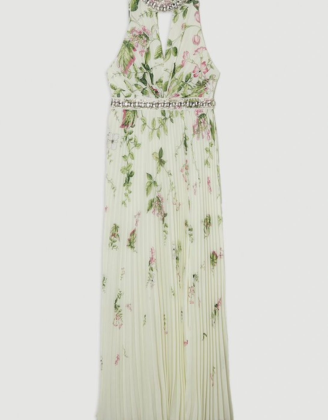 Floral Halter Diamante Enamel Trim Woven Pleated Split Maxi Dress