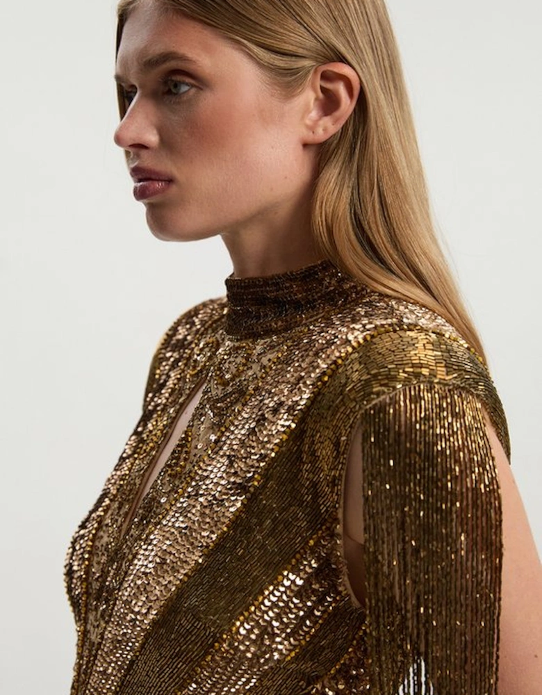 Petite Embellished Beaded Cap Sleeve Woven Mini Dress