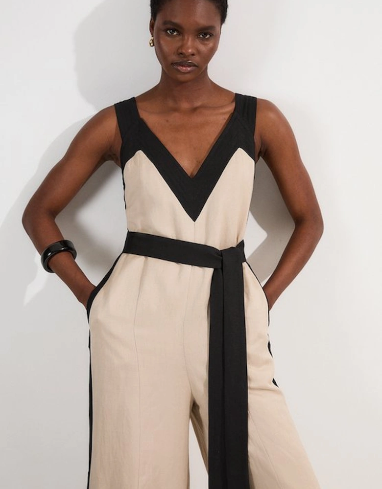 Linen Viscose Colour Block Cross Back Woven Jumpsuit