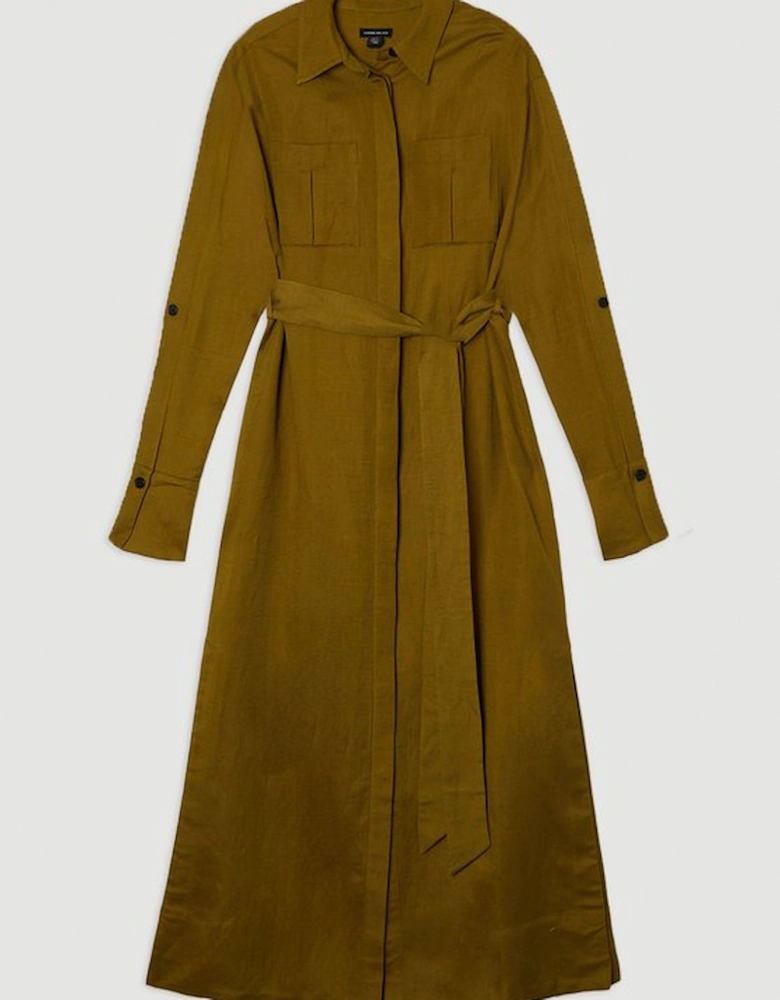 Viscose Linen Woven Belted Shirt Dress