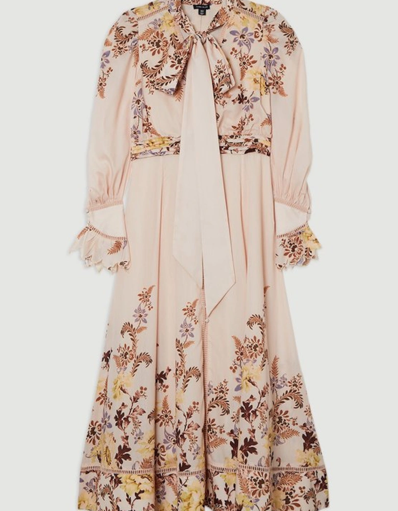 Voile Floral Border Print Woven Maxi Dress With Ladder Lace Trim