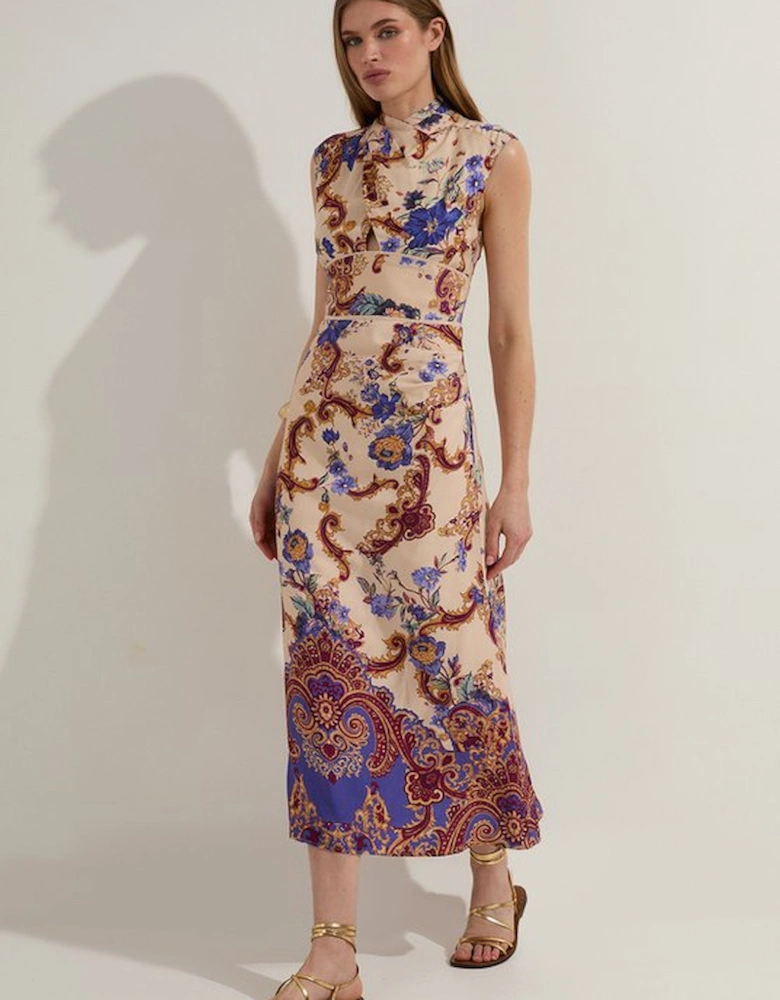 Petite Premium Viscose Linen Paisley Border Print Woven Midi Dress