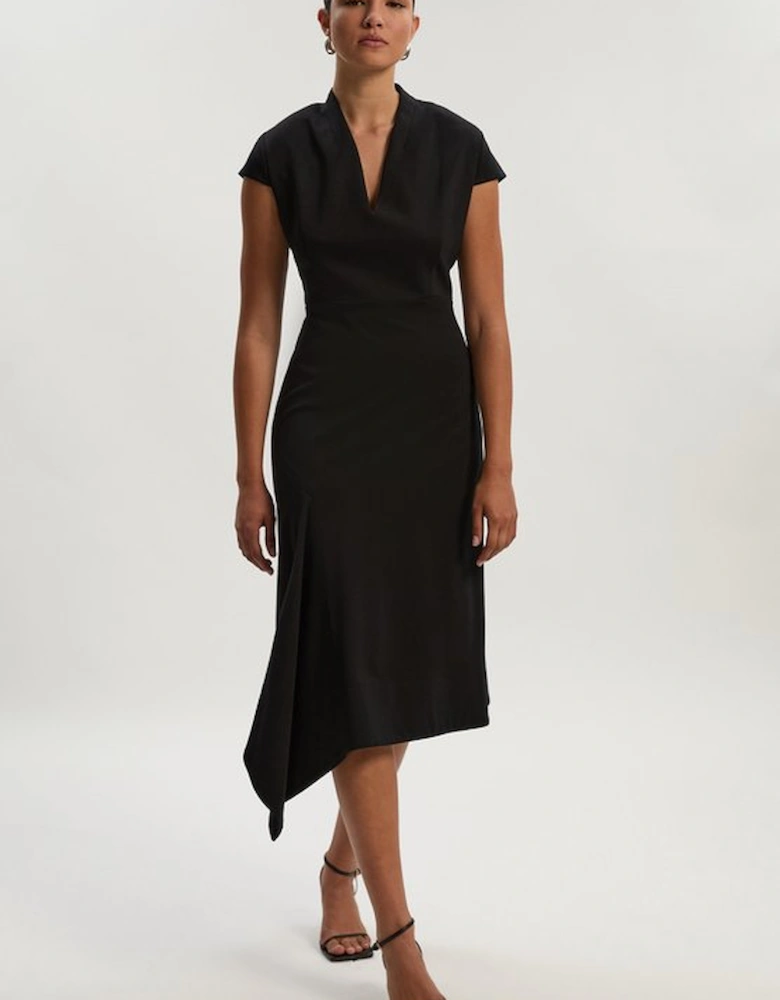Petite Premium Ponte V Neck Asymmetric Front Tailored Midi Dress
