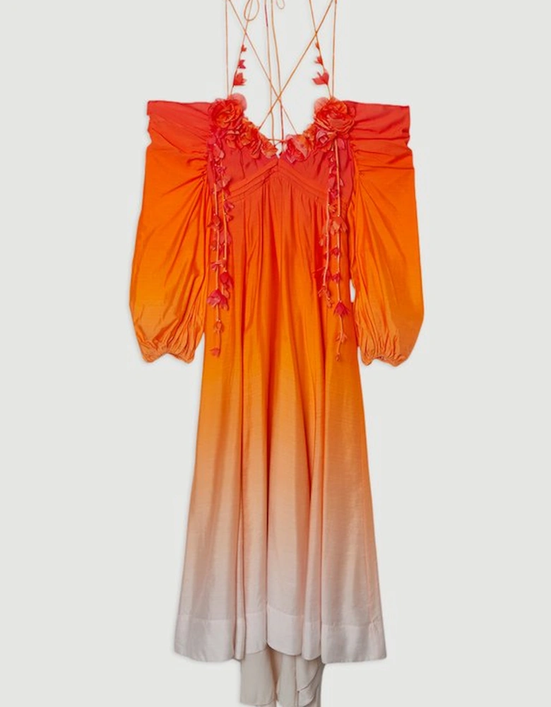 Ombre Applique Printed Cold Shoulder Woven Maxi Dress