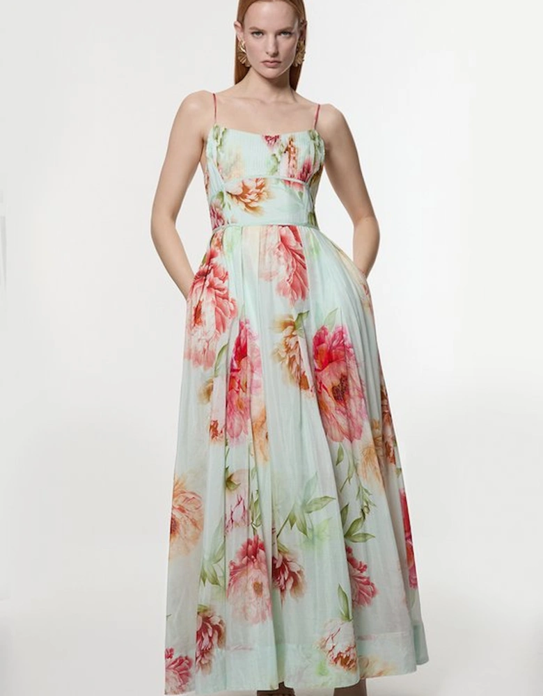 Silk Cotton Mirrored Floral Strappy Woven Maxi Dress