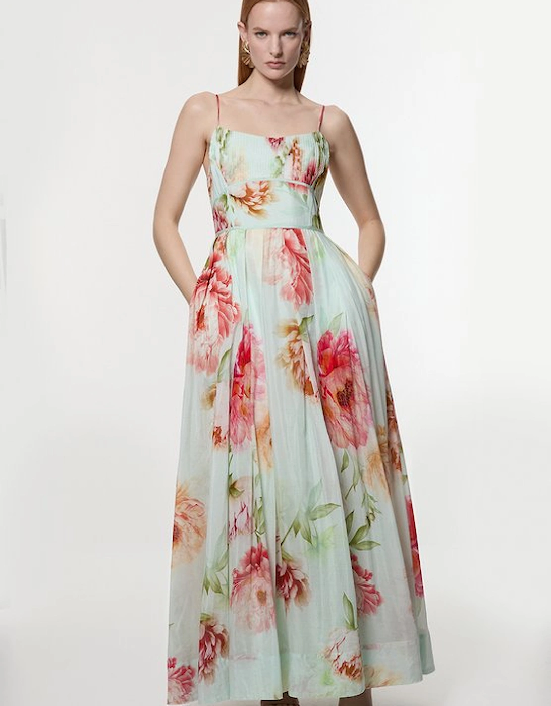 Silk Cotton Mirrored Floral Strappy Woven Maxi Dress