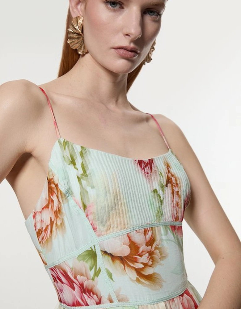 Silk Cotton Mirrored Floral Strappy Woven Maxi Dress