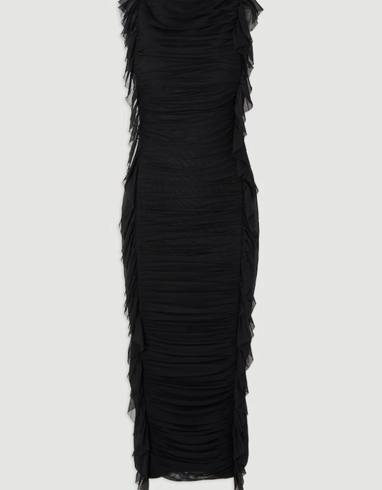 Bandage Mesh Gathered Ruffle Knitted Maxi Dress