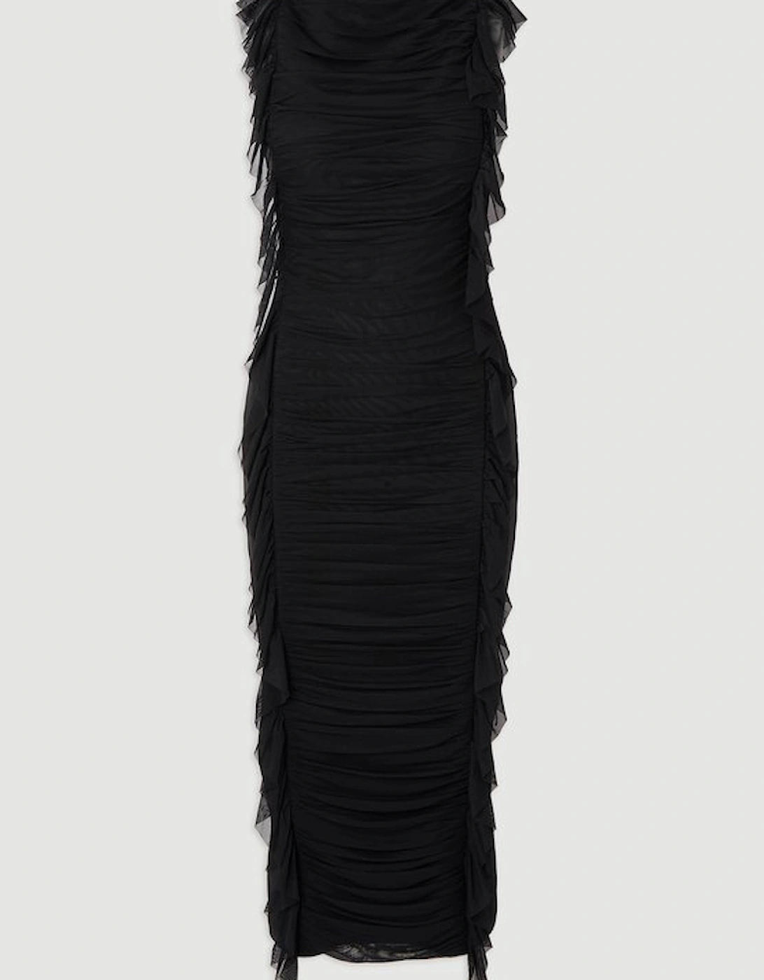 Bandage Mesh Gathered Ruffle Knitted Maxi Dress