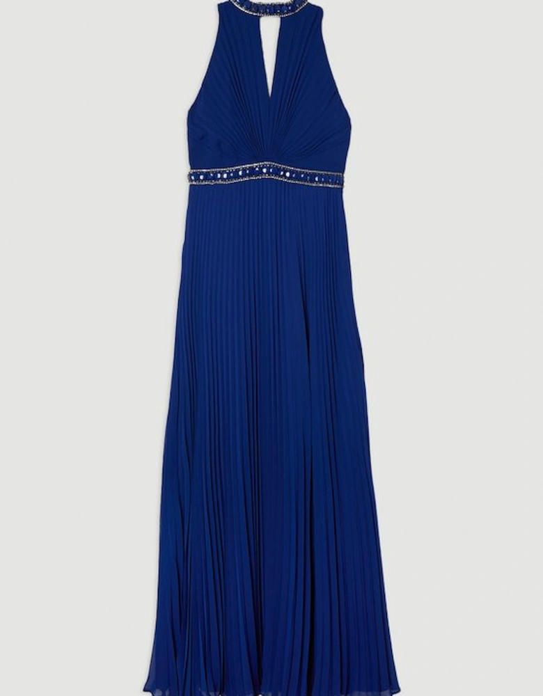 Halter Diamante Enamel Trim Woven Pleated Split Maxi Dress