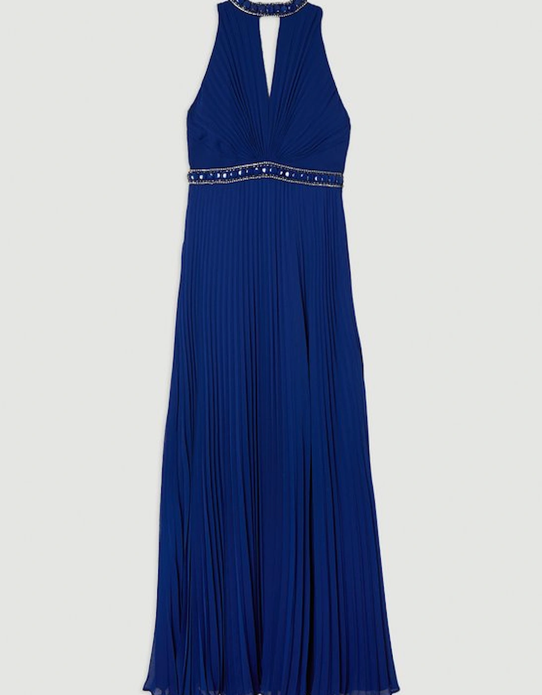 Halter Diamante Enamel Trim Woven Pleated Split Maxi Dress