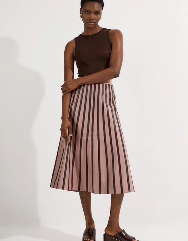 Leather Stripe Mix Full Midi Skirt