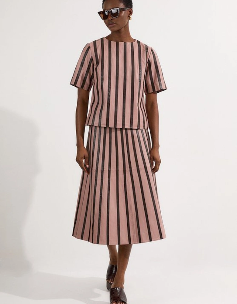Leather Stripe Mix Full Midi Skirt