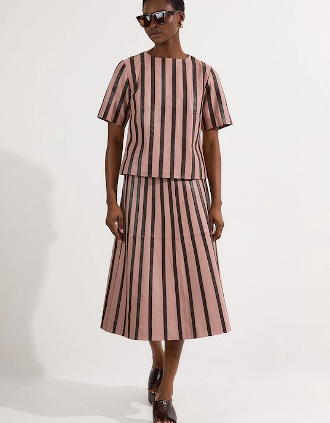 Leather Stripe Mix Full Midi Skirt