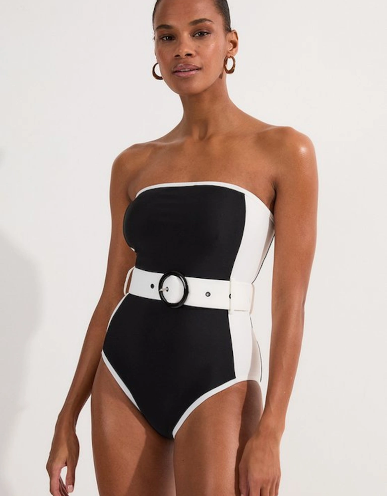 Contrast Panelled Bandeau Swimsuit With Belt