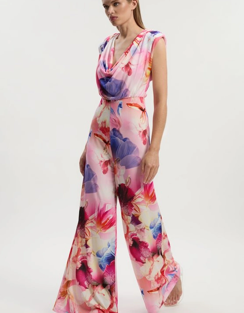 Petite Floral Printed Drapey Jersey Cowl Neck Wide Leg Jumpsuit