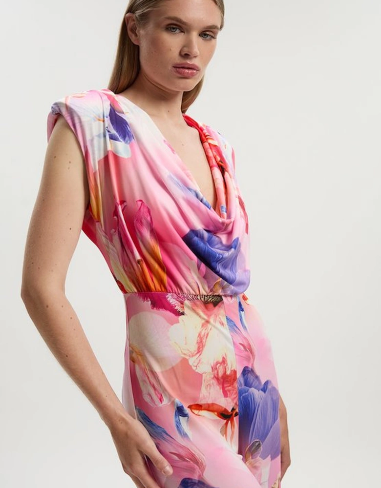 Petite Floral Printed Drapey Jersey Cowl Neck Wide Leg Jumpsuit