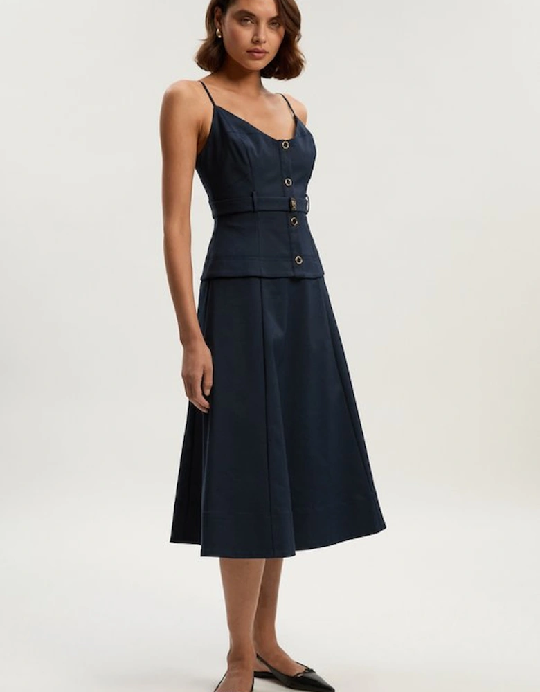 Techno Strappy Belted Hardware Detail Woven Midi Dress