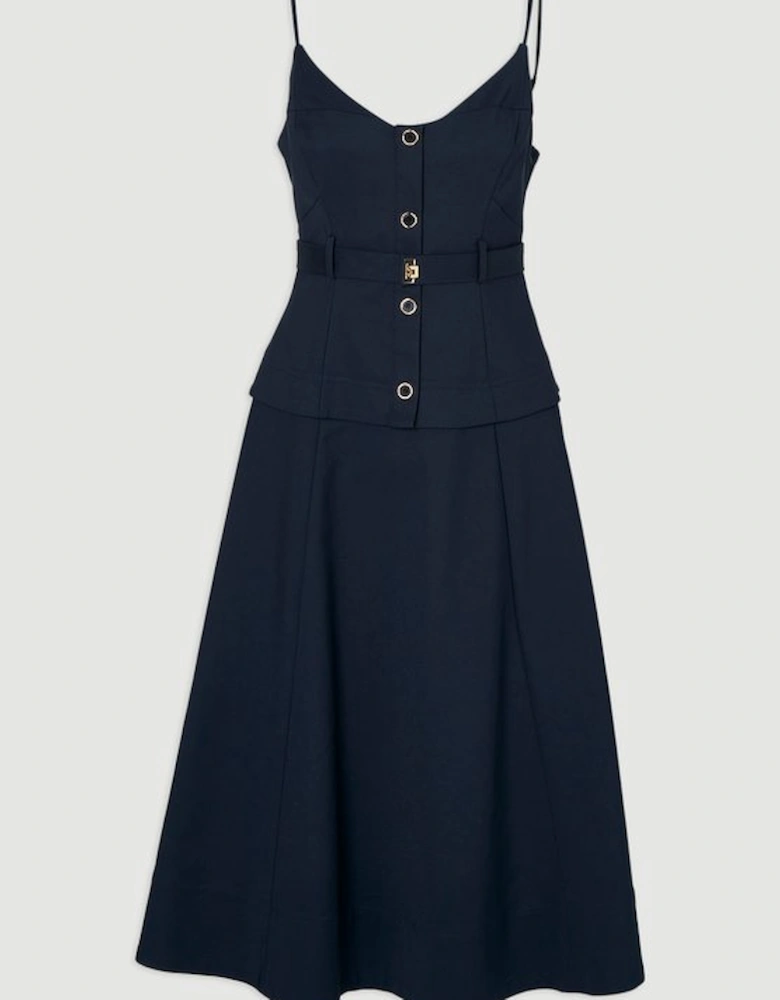 Techno Strappy Belted Hardware Detail Woven Midi Dress