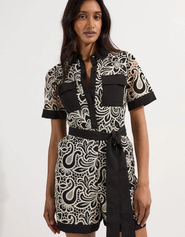 Mono Cutwork Pocket Front Woven Playsuit