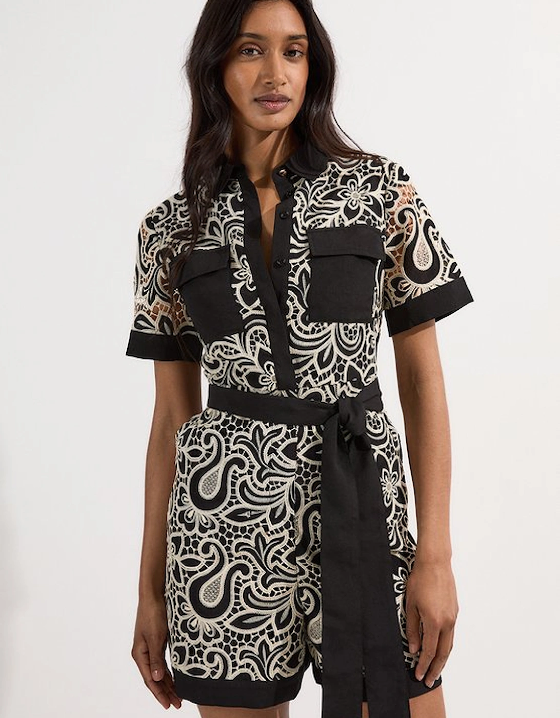 Mono Cutwork Pocket Front Woven Playsuit, 5 of 4