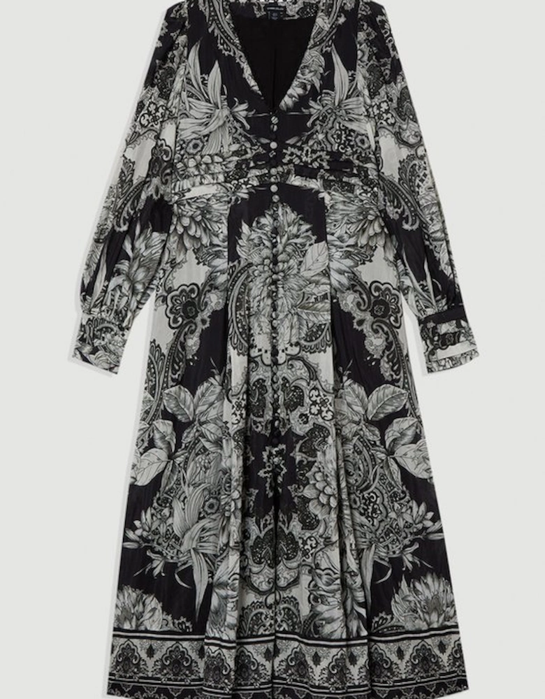 Tile Silk Cotton Plunge Woven Maxi Dress