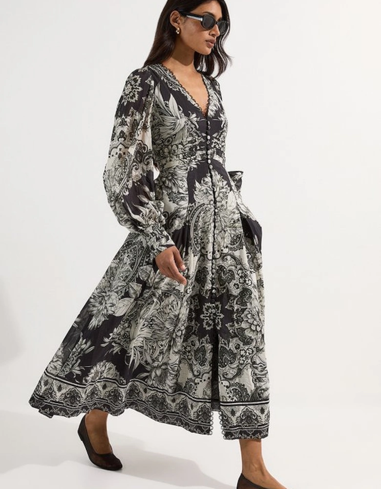 Tile Silk Cotton Plunge Woven Maxi Dress