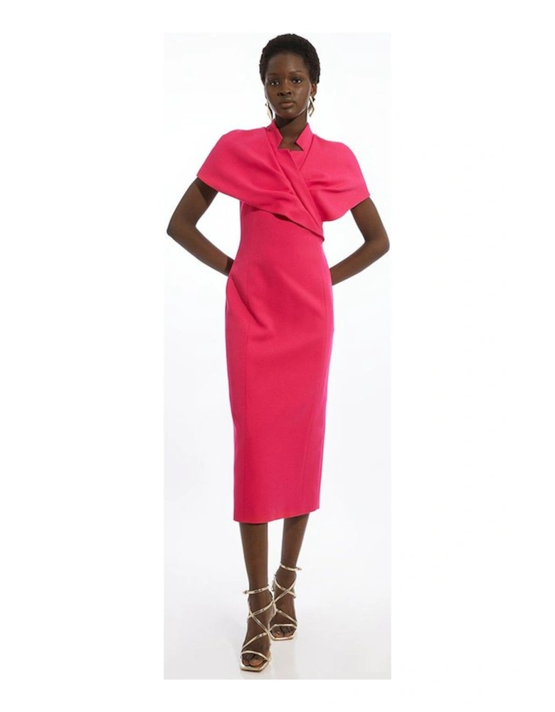 Structured Crepe Cape Detail Midi Dress