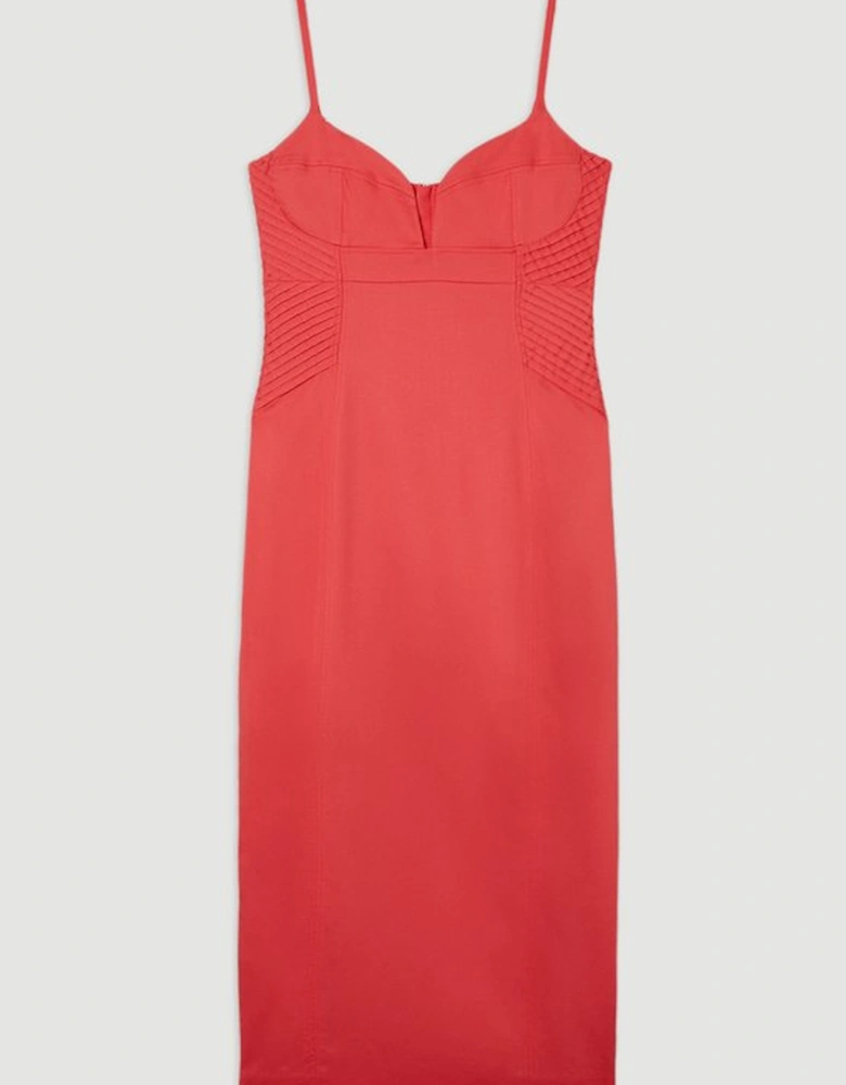 Premium Linen Pintuck Detail Pencil Tailored Midi Dress