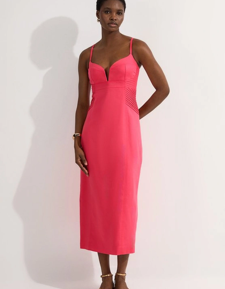 Premium Linen Pintuck Detail Pencil Tailored Midi Dress