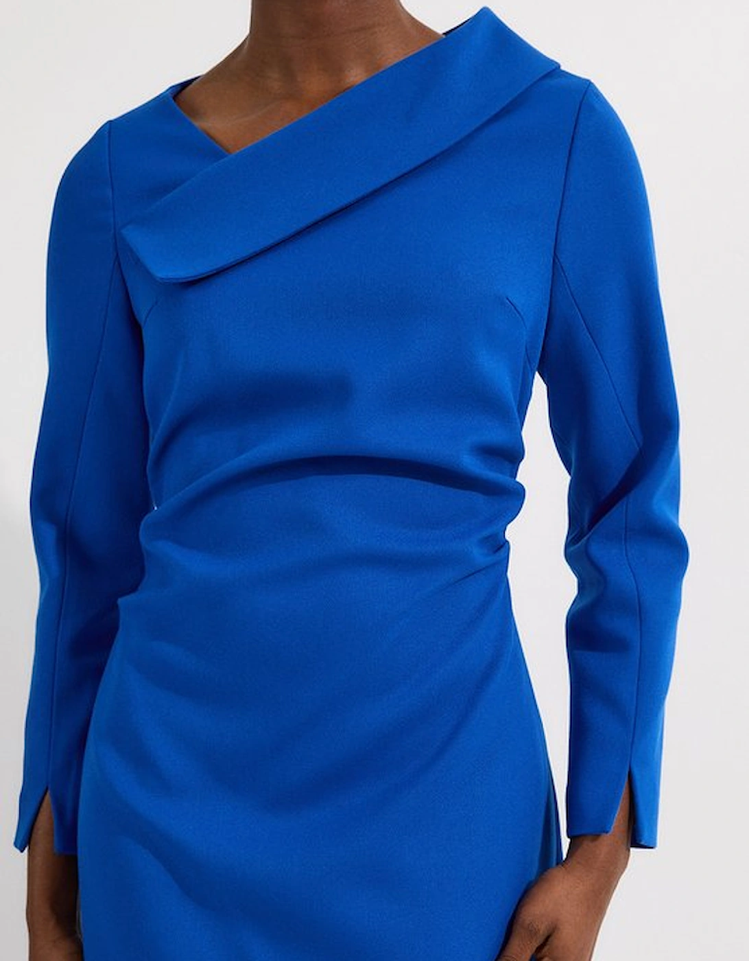 Structured Crepe Tailored Asymmetrical Collared Fitted Maxi Dress