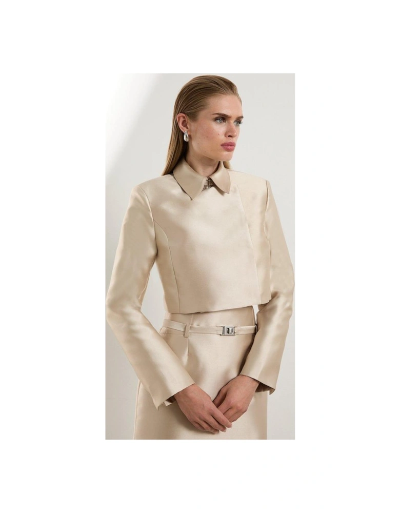 Satin Twill Cropped Wrap Tailored Jacket