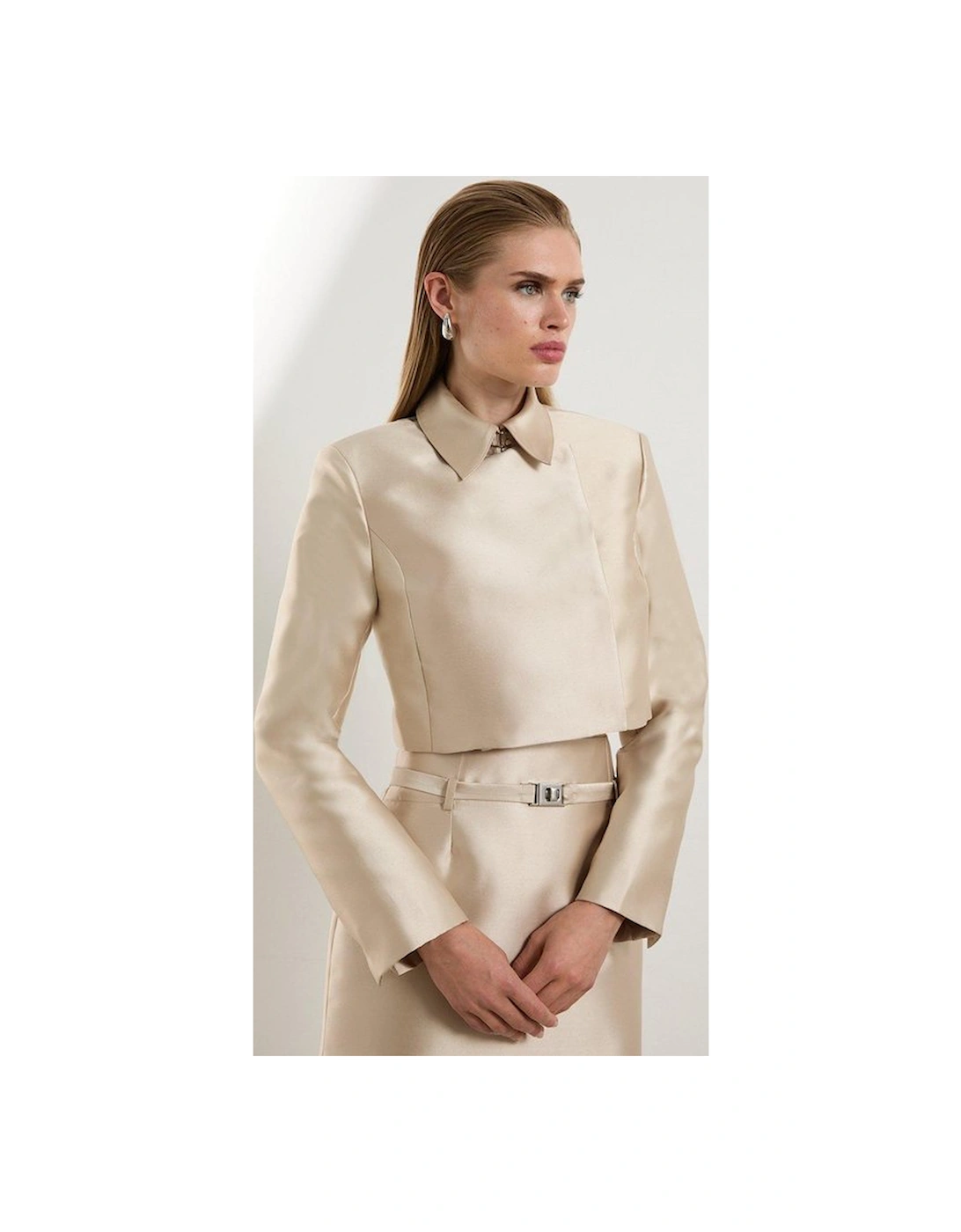 Satin Twill Cropped Wrap Tailored Jacket