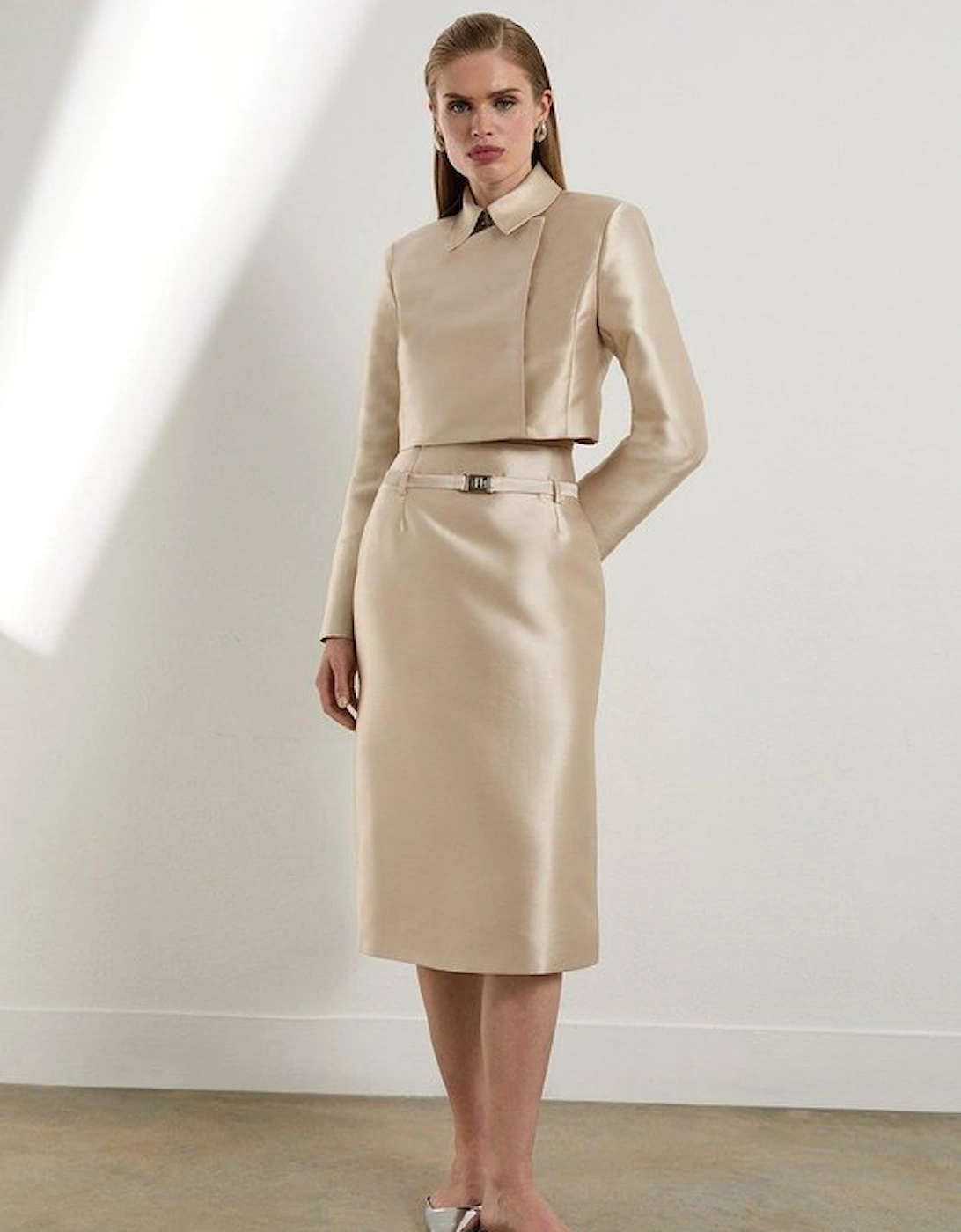 Satin Twill Cropped Wrap Tailored Jacket