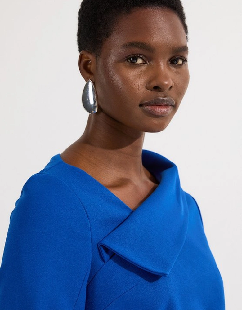 Structured Crepe Tailored Asymmetrical Collared Fitted Maxi Dress