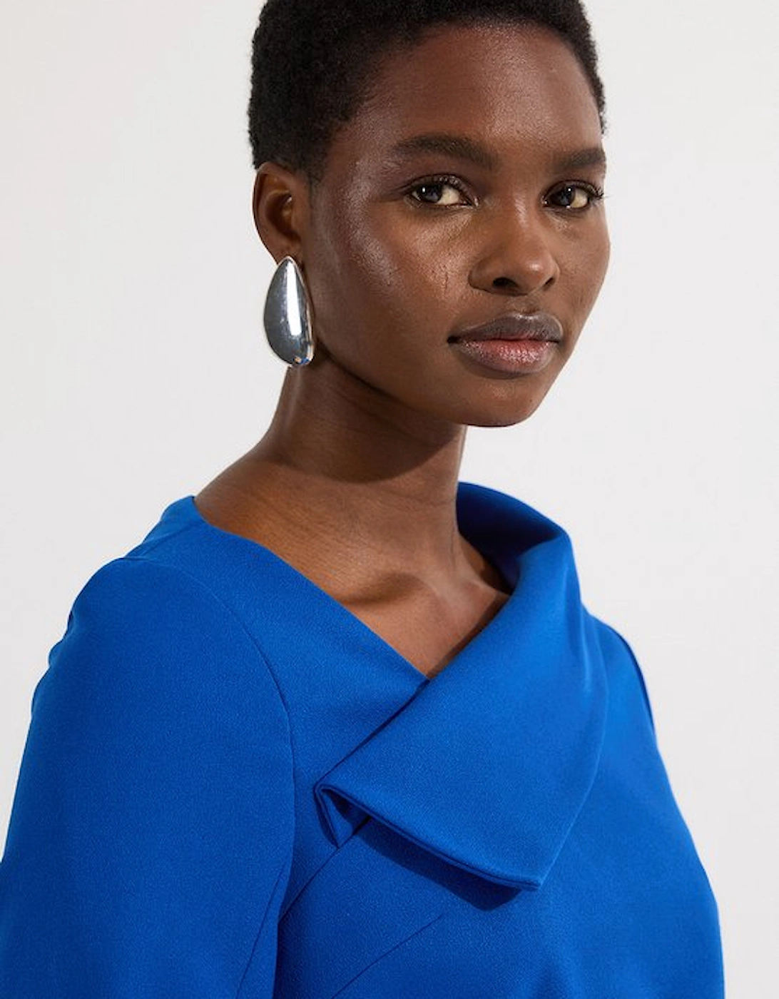 Structured Crepe Tailored Asymmetrical Collared Fitted Maxi Dress