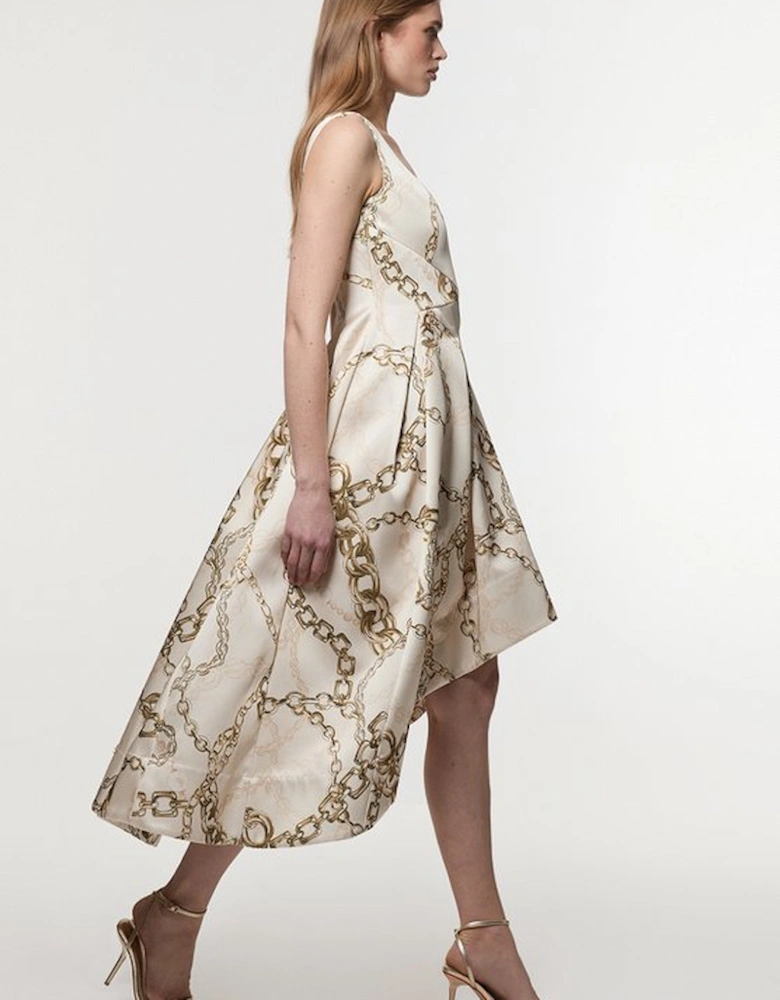 Structured Viscose Satin Chain Print Tailored Prom Maxi Dress