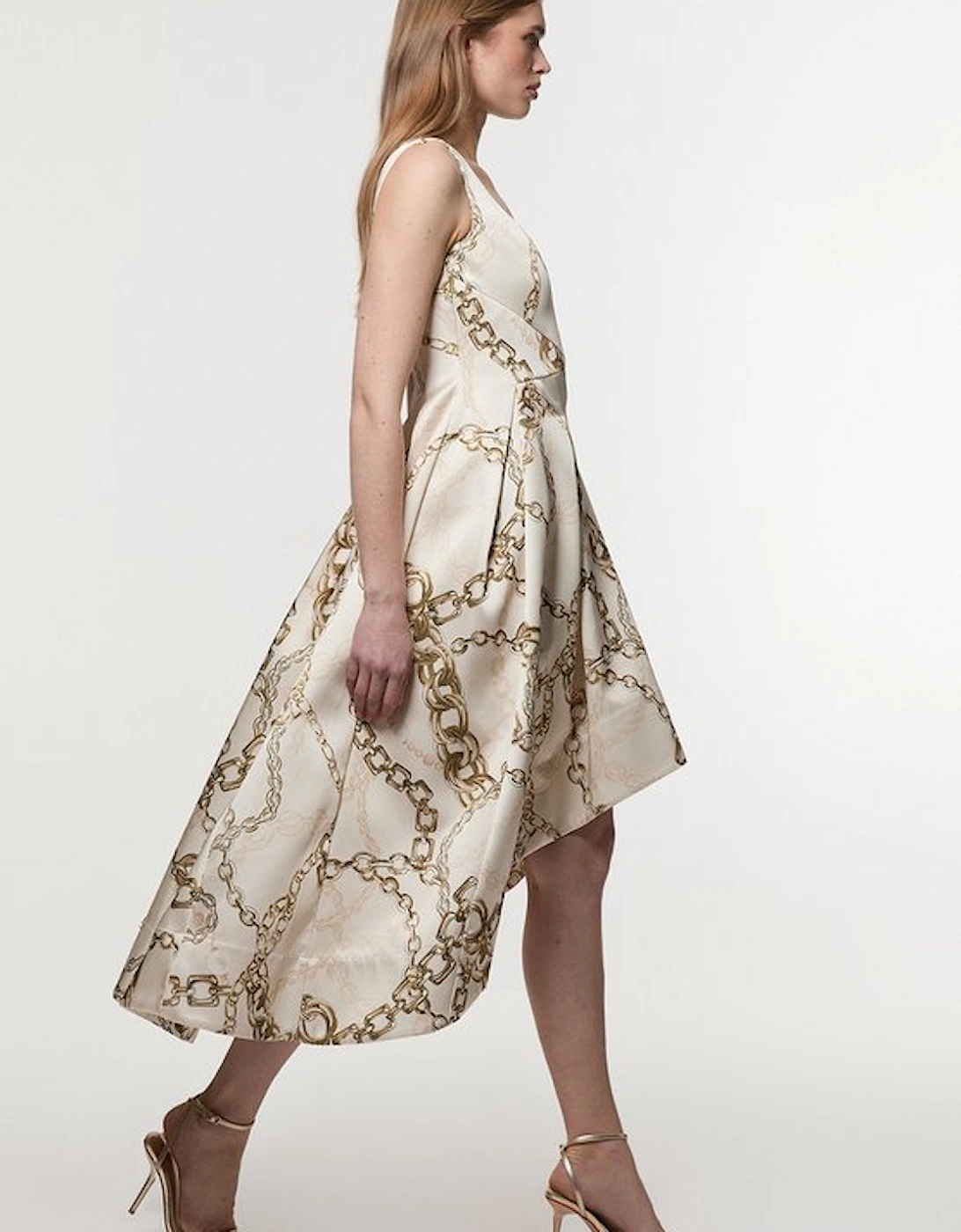 Structured Viscose Satin Chain Print Tailored Prom Maxi Dress
