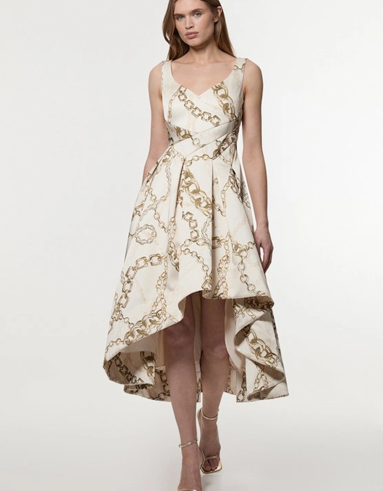 Structured Viscose Satin Chain Print Tailored Prom Maxi Dress