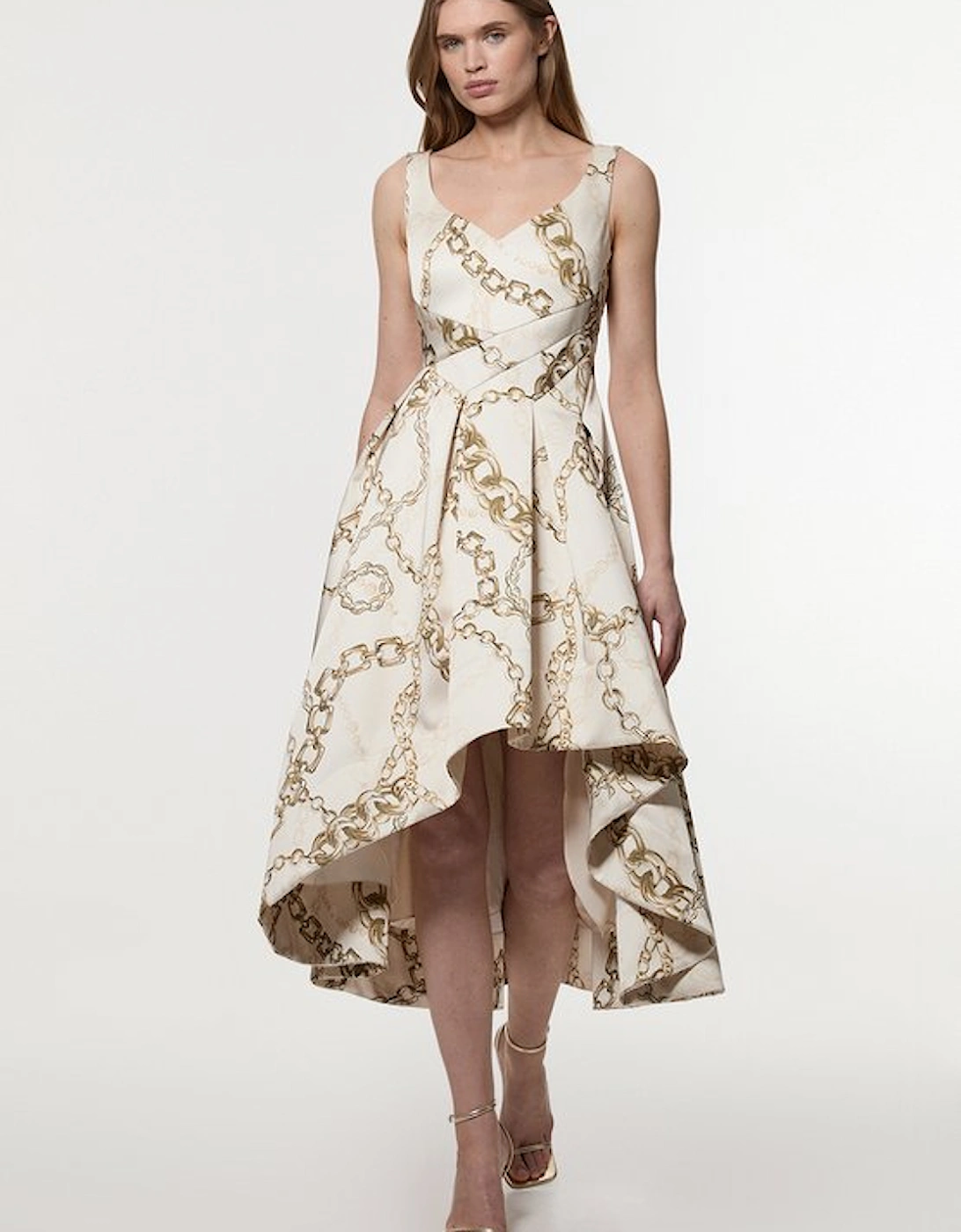 Structured Viscose Satin Chain Print Tailored Prom Maxi Dress, 5 of 4