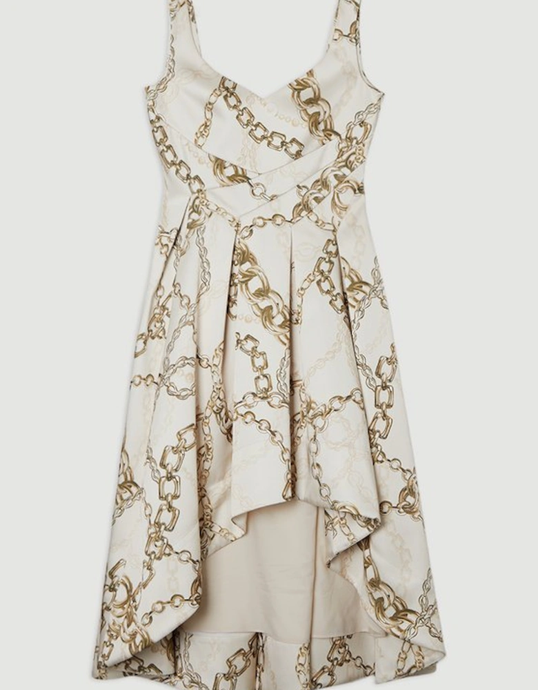 Structured Viscose Satin Chain Print Tailored Prom Maxi Dress