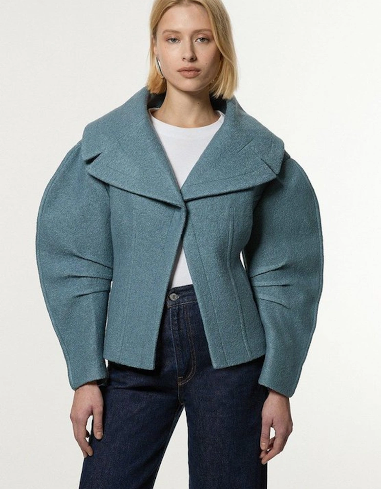 Textured Wool Blend Darted Rounded Sleeve Tailored Blazer