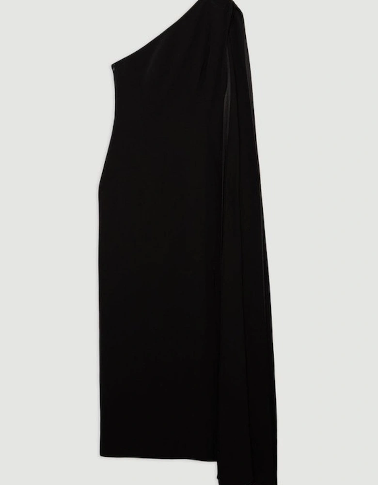 Viscose Satin Back Crepe Tailored One Shoulder Cape Maxi Dress